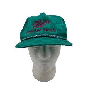 Vintage Miller Genuine Draft Hat Mens Strapback Green Checkered San Sun Cap